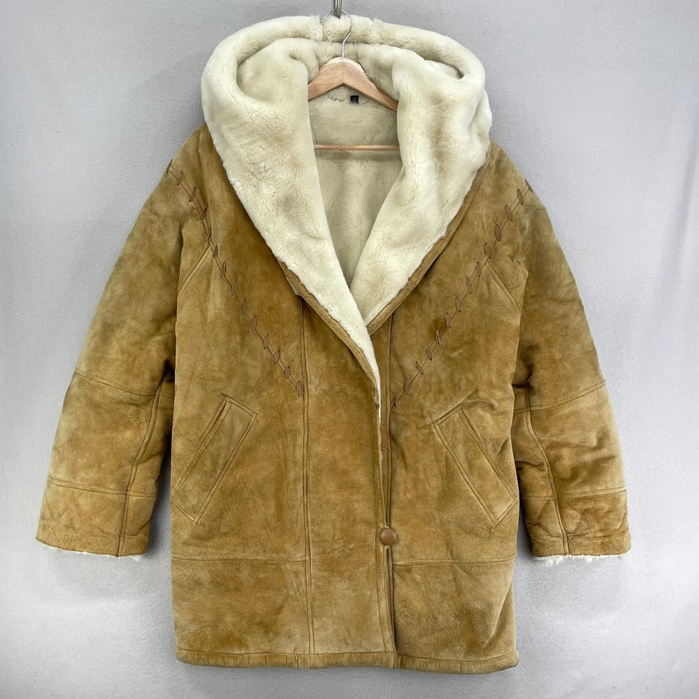 VTG Gallery Suede Leather Sheepskin Coat‎ Mens Medium Faux Fur Western Hooded